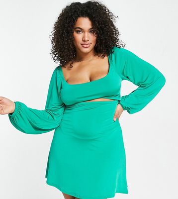 In The Style Plus x Liberty exclusive cut out waist volume sleeve mini skater dress in green
