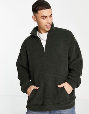 Only & Sons quarter zip sherpa sweatshirt in dark green