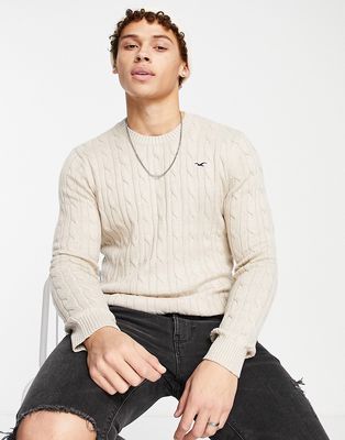 Hollister icon logo cable knit sweater in sand-Neutral