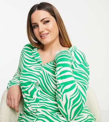 Missguided Plus long sleeve shirt and shorts pajama set in green zebra