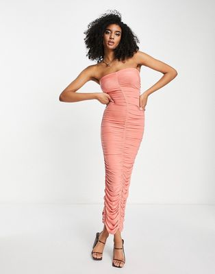 River Island ruched bandeau bandage maxi dress in pink-Purple