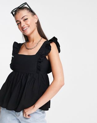 Fashion Union tie back smock top with frill shoulders-Black