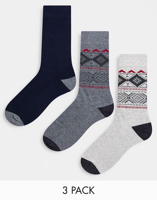 Abercrombie & Fitch 3 pack socks in Fair Isle gray/cream/plain navy-Multi