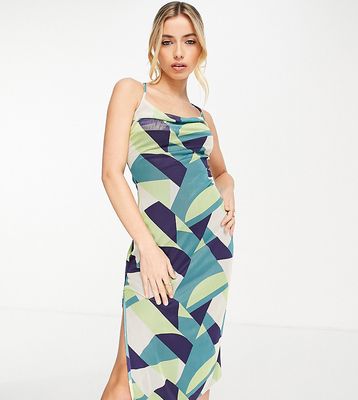 In The Style exclusive strappy back cowl neck midi dress in green geo print-Multi