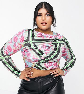 In The Style Plus x Liberty exclusive ruched long sleeve crop top - part of a set-Multi