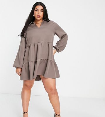 In The Style Plus x Perrie Sian satin tiered smock dress in khaki-Green