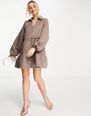 In The Style x Perrie Sian satin tiered smock dress in khaki-Green