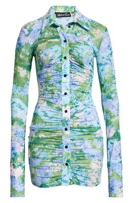 Richard Quinn Ruched Semisheer Long Sleeve Shirtdress in Monet