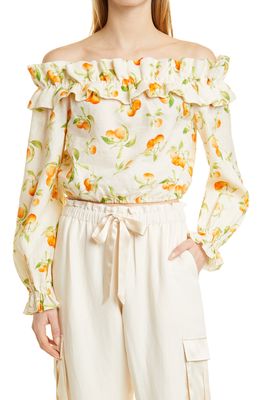 CAMI NYC Cala Orange Ruffle Off the Shoulder Linen Blouse in Orange Orchard