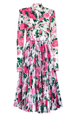 Richard Quinn Floral Print Twist Front Long Sleeve Jersey Midi Dress in Rose
