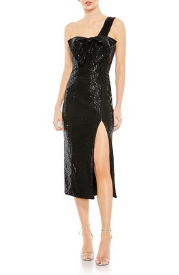 Ieena for Mac Duggal Sequin Bow Asymmetric One-Shoulder Cocktail Dress in Black
