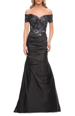 La Femme Off the Shouder Embroidered Bodice Satin Mermaid Gown in Black