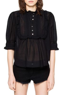 Zadig & Voltaire Tix Lace Accent Cotton Blend Tunic Shirt in Noir