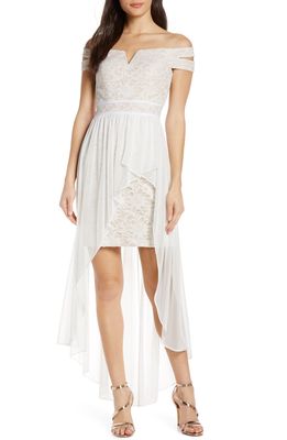 Morgan & Co. Off the Shoulder Lace & Chiffon Overlay Gown in Ivory/Nude