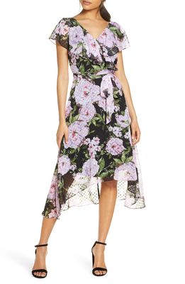 Julia Jordan Floral Print Clip Dot Chiffon Dress in Black Multi