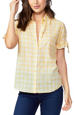 PAIGE Avery Gingham Short Sleeve Cotton Blend Shirt in Butter