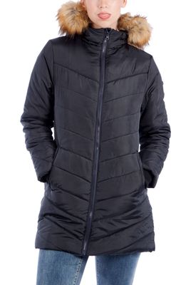 Modern Eternity Faux Fur Trim Convertible Puffer 3-in-1 Maternity Jacket in Black