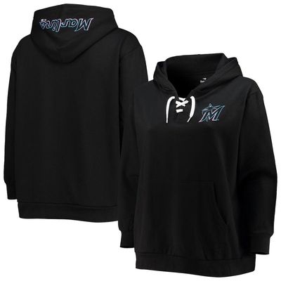 PROFILE Women's Black Miami Marlins Plus Size Lace-Up V-Neck Pullover Hoodie