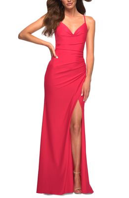 La Femme Sleeveless Jersey Gown in Hot Coral