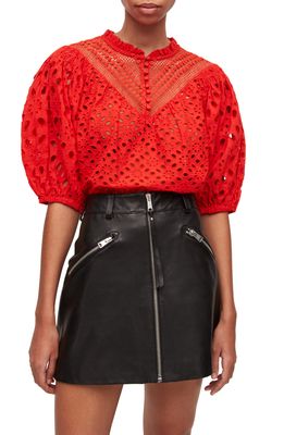 AllSaints Tila Puff Sleeve Cotton Eyelet Top in Red