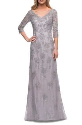 La Femme Embroidered Lace Column Gown in Silver