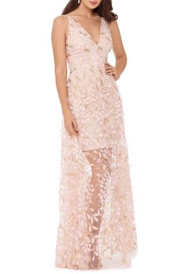 Xscape 3D Floral V-Neck Gown in Champagne