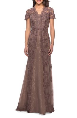 La Femme Beaded Lace A-Line Gown in Cocoa