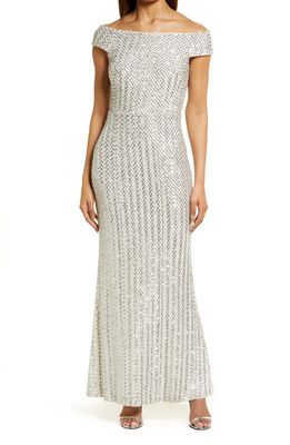 Vince Camuto Sequin Grid Off the Shoulder Gown in Silver