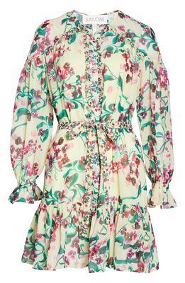SALONI Pixie Floral Print Long Sleeve Silk Dress in Canary Blossom/Sml