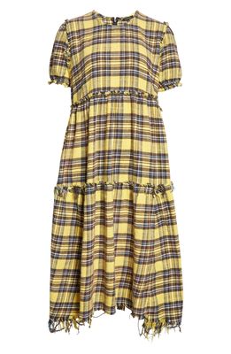 R13 Plaid Distressed Cotton Flannel Maxi Dress in Yellow Plaid