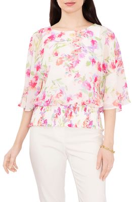 Chaus Smocked Dolman Top in Cream/Coral/Fuchsia