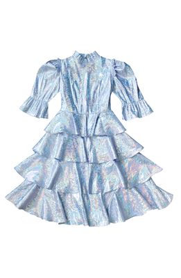 Batsheva Spring Confection Holographic Tiered Ruffle Dress in Blue Holographic