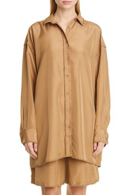 Toteme Embroidered Silk Button-Up Shirt in Camel