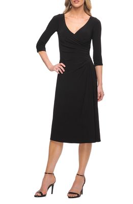 La Femme Ruched Jersey Faux Wrap Dress in Black