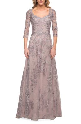 La Femme Floral Embroidered Mesh A-Line Gown in Silver/Pink