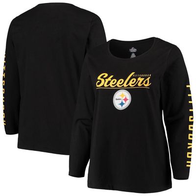 Women's Majestic Black Pittsburgh Steelers Plus Size Team Logo Long Sleeve T-Shirt