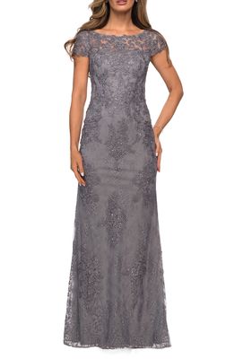 La Femme Sequin Floral Lace Cap Sleeve Sheath Gown in Dark Platinum