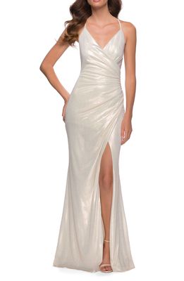 La Femme Metallic Jersey Gown in White/Gold