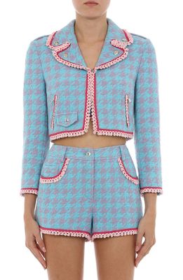 MOSCHINO Ladies Who Lunch Houndstooth Tweed Jacket in Fantasy Print Light Blue