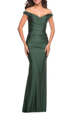 La Femme Elegant Off the Shoulder Jersey Sheath Gown in Dark Emerald