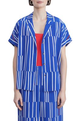 Lafayette 148 New York Wiley Beach Stripe Silk Camp Shirt in Lapis Blue Multi