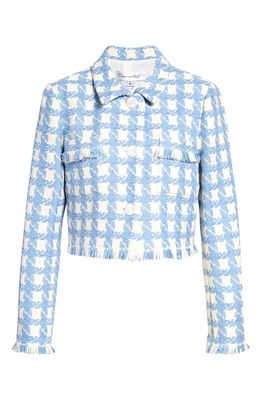 Oscar de la Renta Crop Fringe Detail Gingham Tweed Jacket in Ivory/Blue