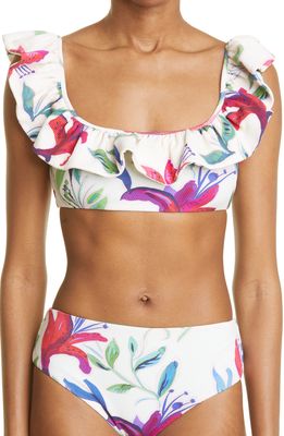 La DoubleJ Floral Print Ruffle Bikini Top in White Lily