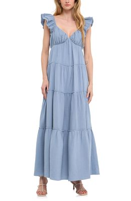 Free the Roses Sweetheart Neck Cotton Gauze Tiered Maxi Dress in Dusty Blue