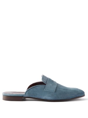 Bougeotte - Abyss Penny-strap Suede Backless Loafers - Mens - Light Blue