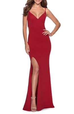 La Femme Strappy Back Jersey Gown in Red