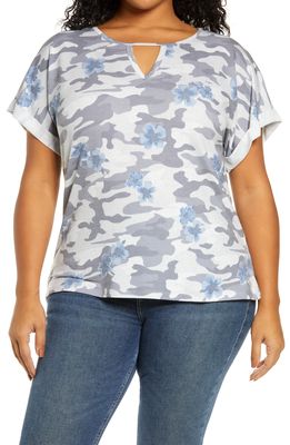 Bobeau Dolman Sleeve Print T-Shirt in Heather Grey/Denim