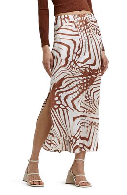 RIVER ISLAND Abstract Print Bias Cut Midi Skirt in White/Brown