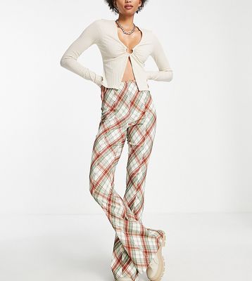 Topshop Tall high rise bengaline flared pants with side slits in plaid print-Multi