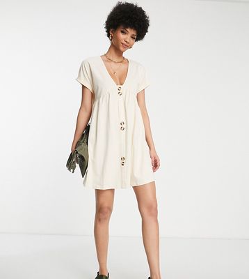 ASOS DESIGN Tall short sleeve mini smock dress with large button detail in ivory-White